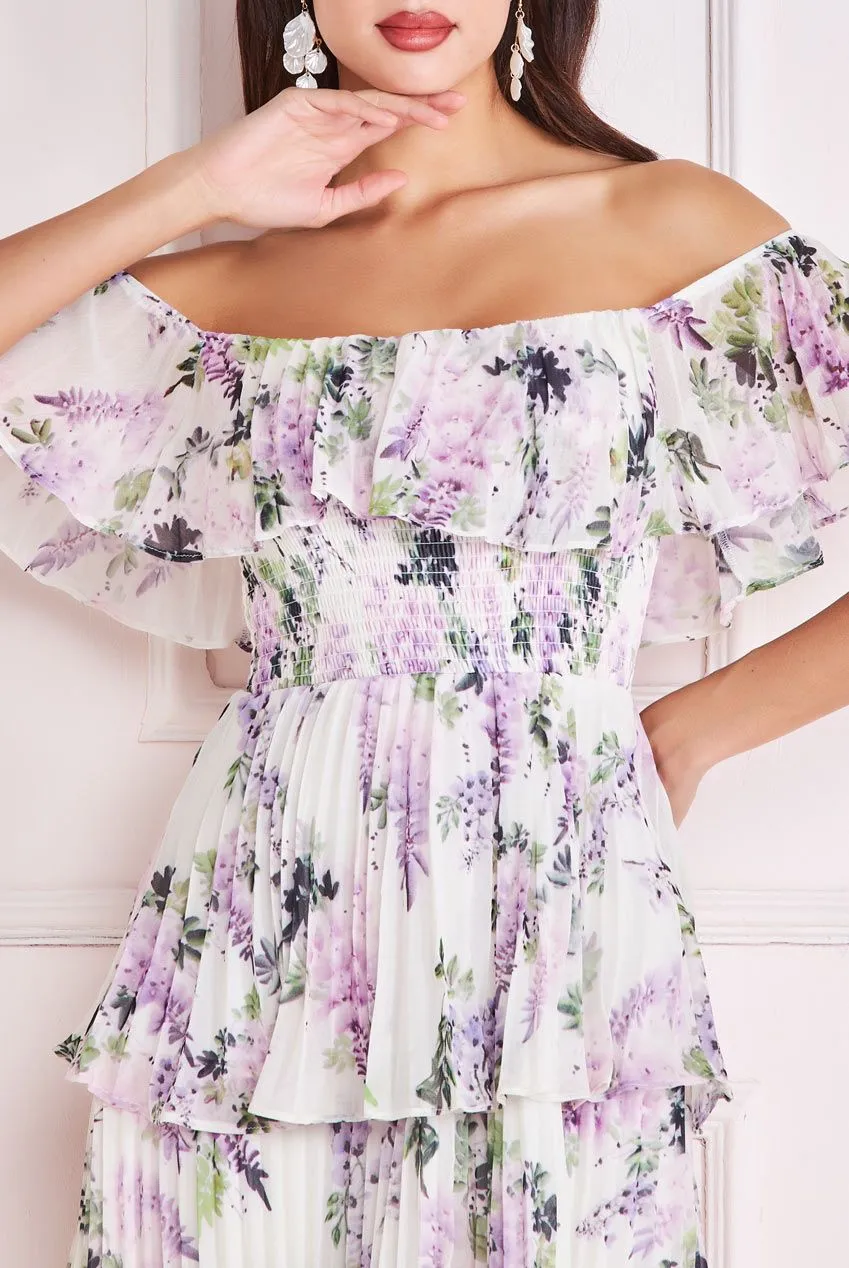 Shirred Chiffon Floral Bardot Midi Dress - Multi by Goddiva sold by Goddiva product image thumbnail 4