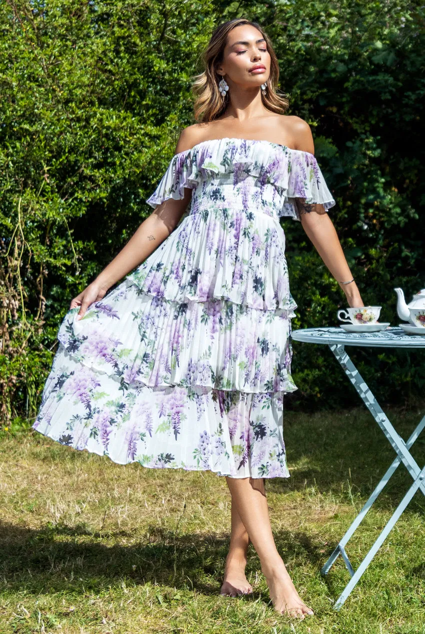 Shirred Chiffon Floral Bardot Midi Dress - Multi by Goddiva sold by Goddiva