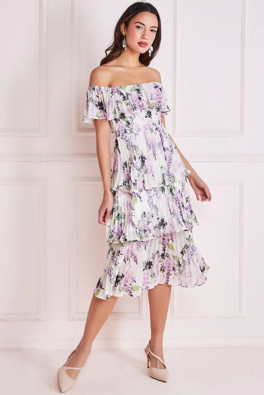 Shirred Chiffon Floral Bardot Midi Dress - Multi by Goddiva sold by Goddiva product image thumbnail 2