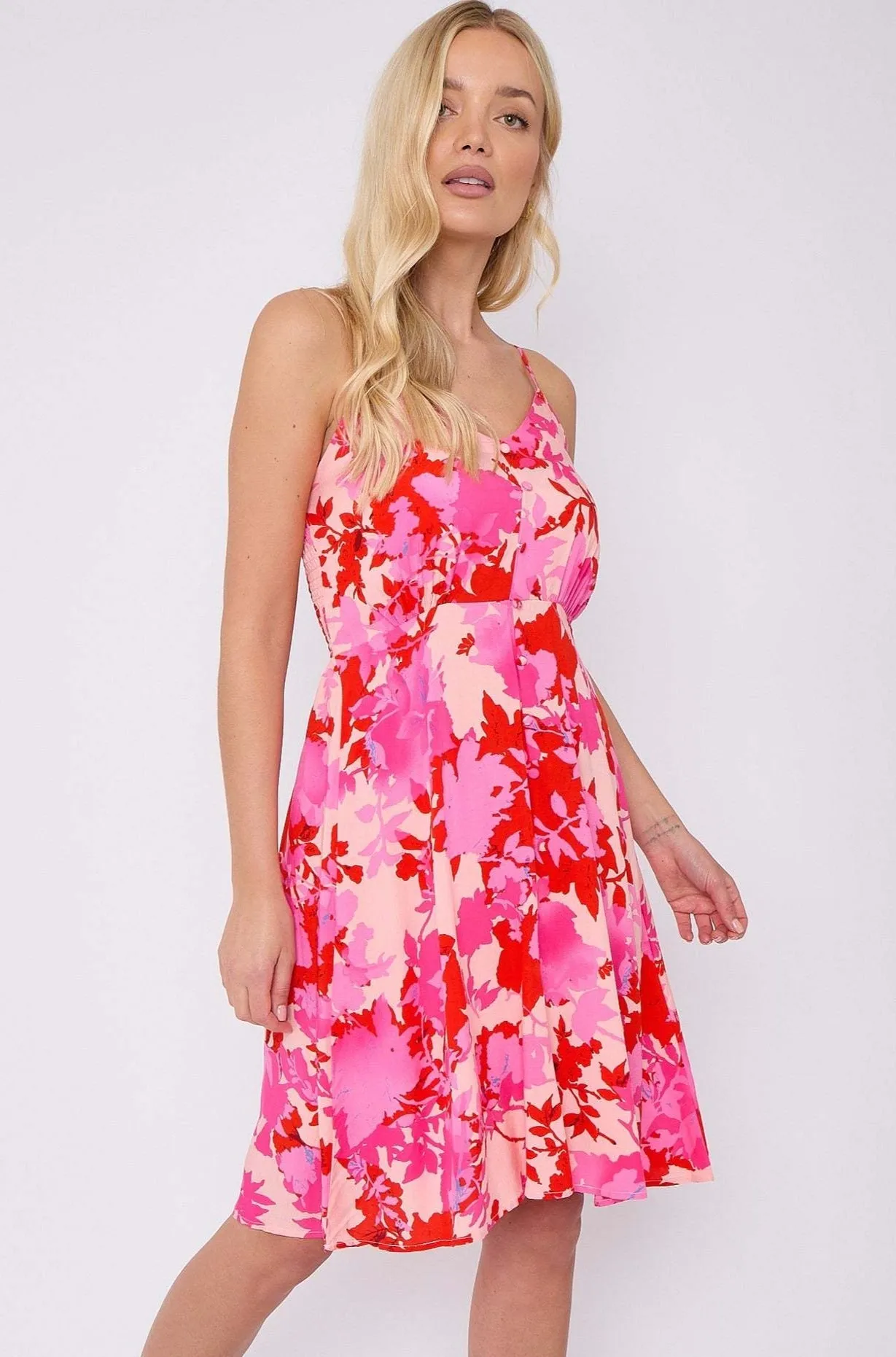 Fuchsia Floral Print Strap Mini Dress by LOVE SUNSHINE sold by Goddiva product image thumbnail 4