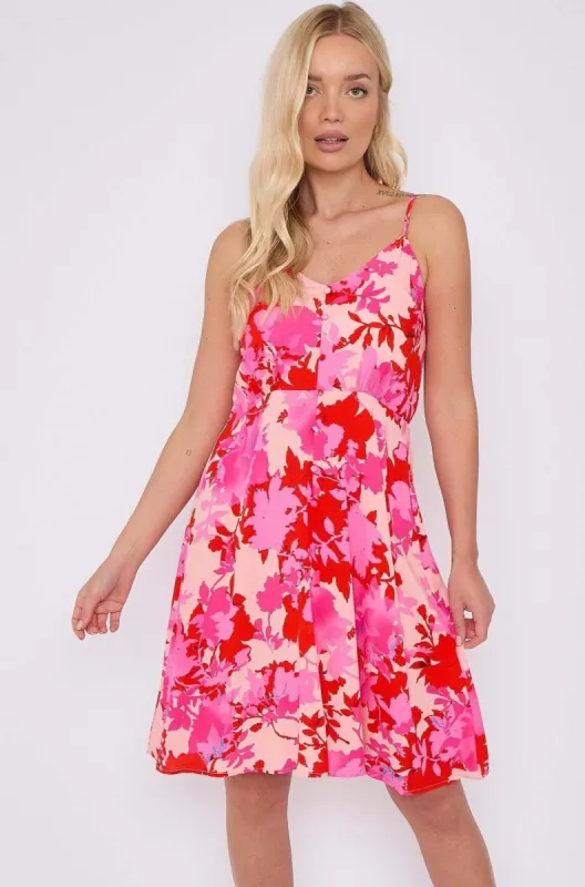 Fuchsia Floral Print Strap Mini Dress by LOVE SUNSHINE sold by Goddiva