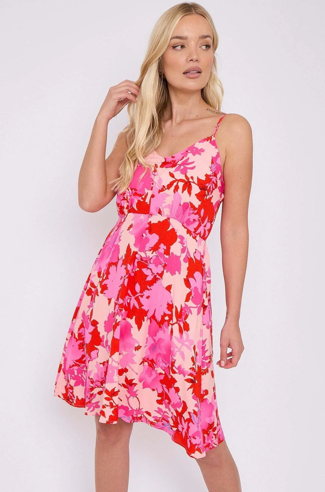Fuchsia Floral Print Strap Mini Dress by LOVE SUNSHINE sold by Goddiva product image thumbnail 5