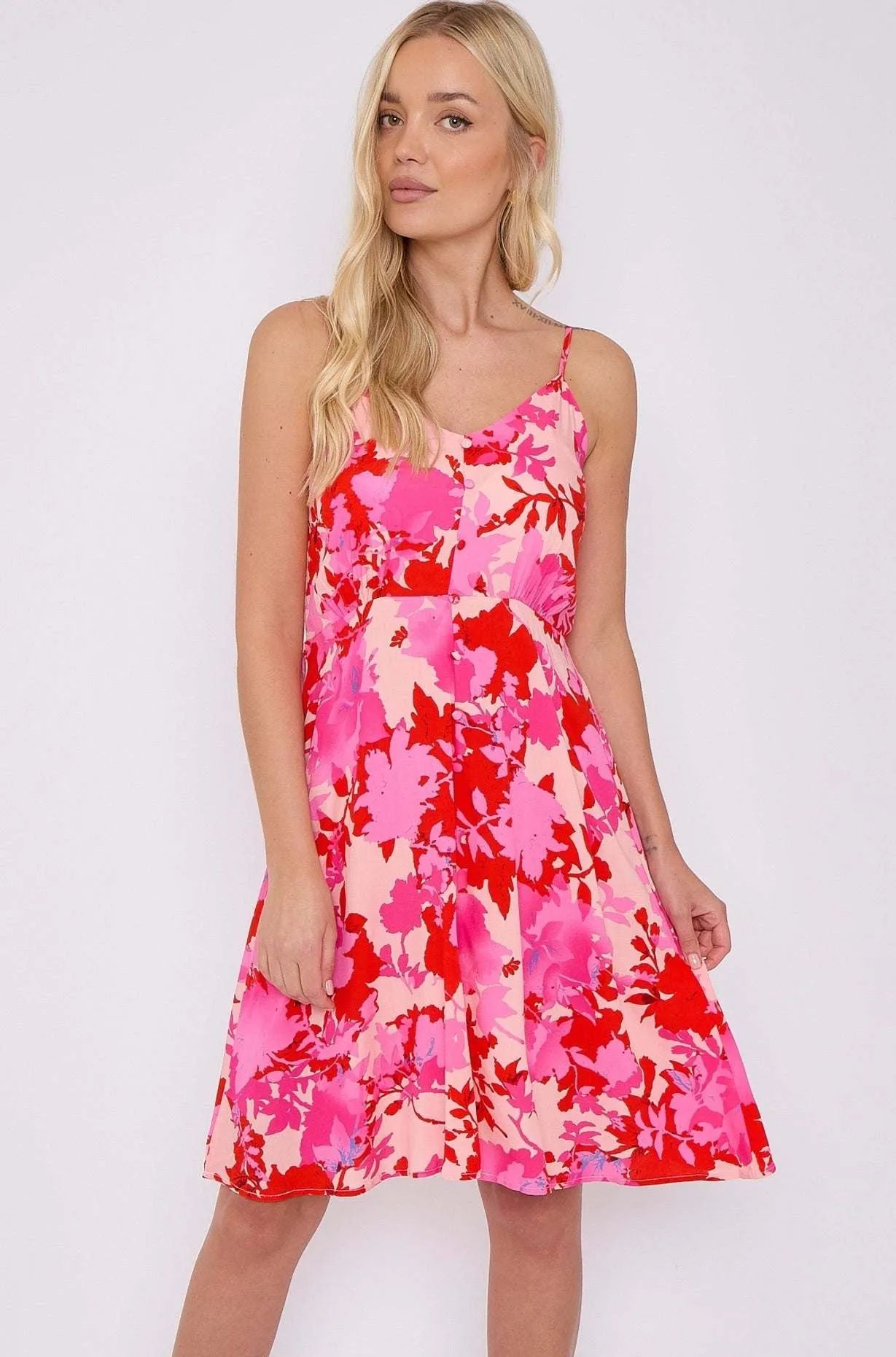Fuchsia Floral Print Strap Mini Dress by LOVE SUNSHINE sold by Goddiva product image thumbnail 2
