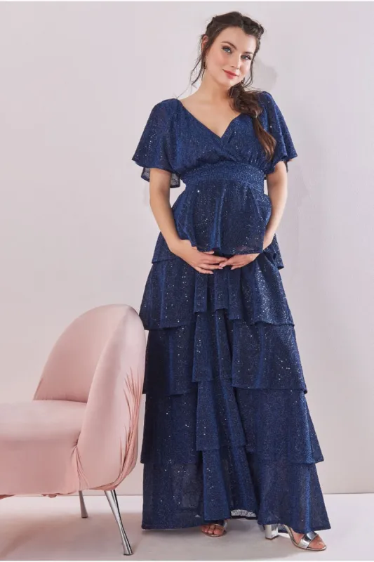 Maternity Sequin Lurex Tiered Maxi Navy by Goddiva sold by Goddiva