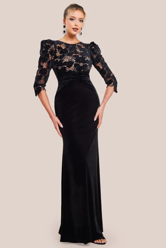 Scalloped Velvet Crochet Maxi Dress - Black by Goddiva sold by Goddiva