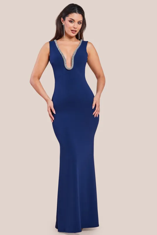 Diamante Embellished Super Plunge Scuba Maxi Dress - Navy by Goddiva sold by Goddiva