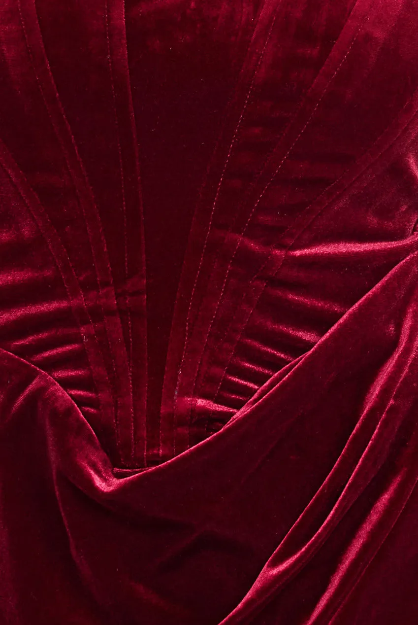 Draped Shoulder Velvet Corset Midi Dress - Wine by Goddiva sold by Goddiva product image thumbnail 4