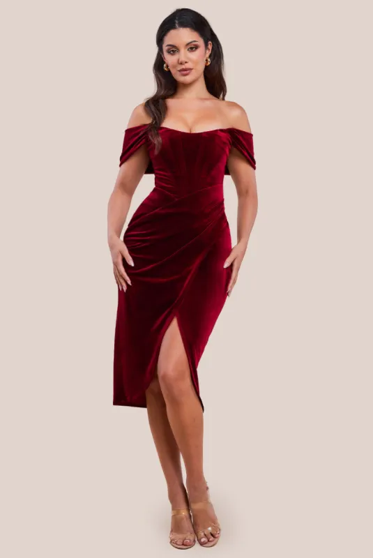 Draped Shoulder Velvet Corset Midi Dress - Wine by Goddiva sold by Goddiva