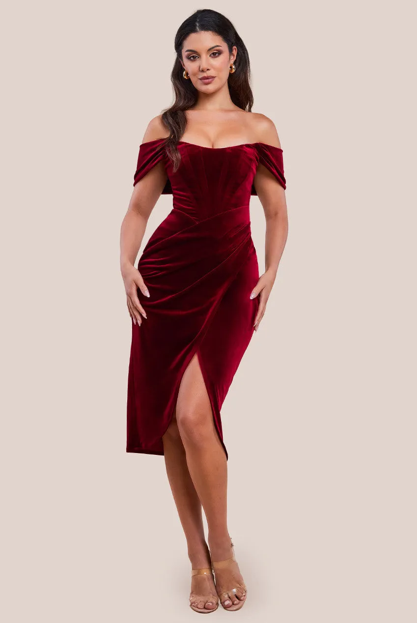 Draped Shoulder Velvet Corset Midi Dress - Wine by Goddiva sold by Goddiva