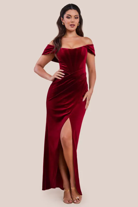 Draped Shoulder Velvet Corset Maxi Dress - Wine by Goddiva sold by Goddiva