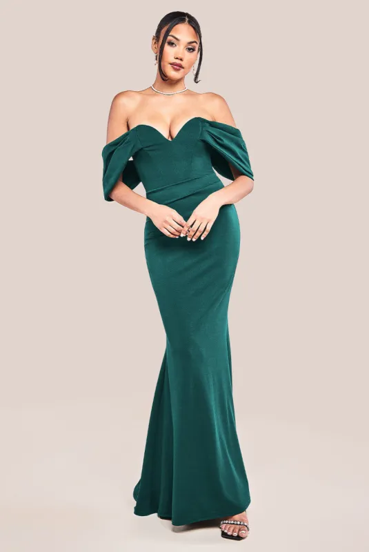 Off The Shoulder Draped Sleeve Maxi Dress - Emerald Green by Goddiva sold by Goddiva