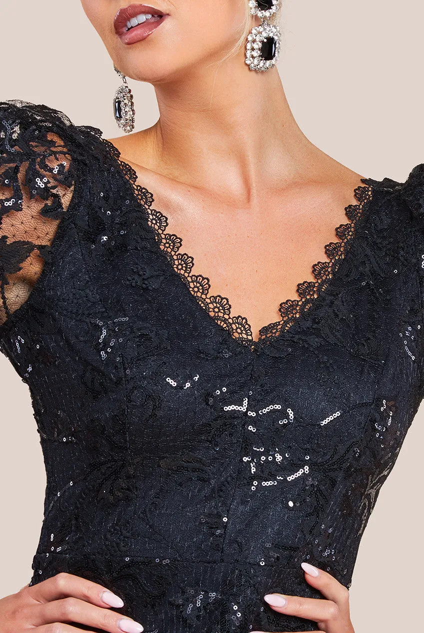 Sequin Lace Short Sleeve A-Line Midi Dress - Black by Goddiva sold by Goddiva product image thumbnail 3