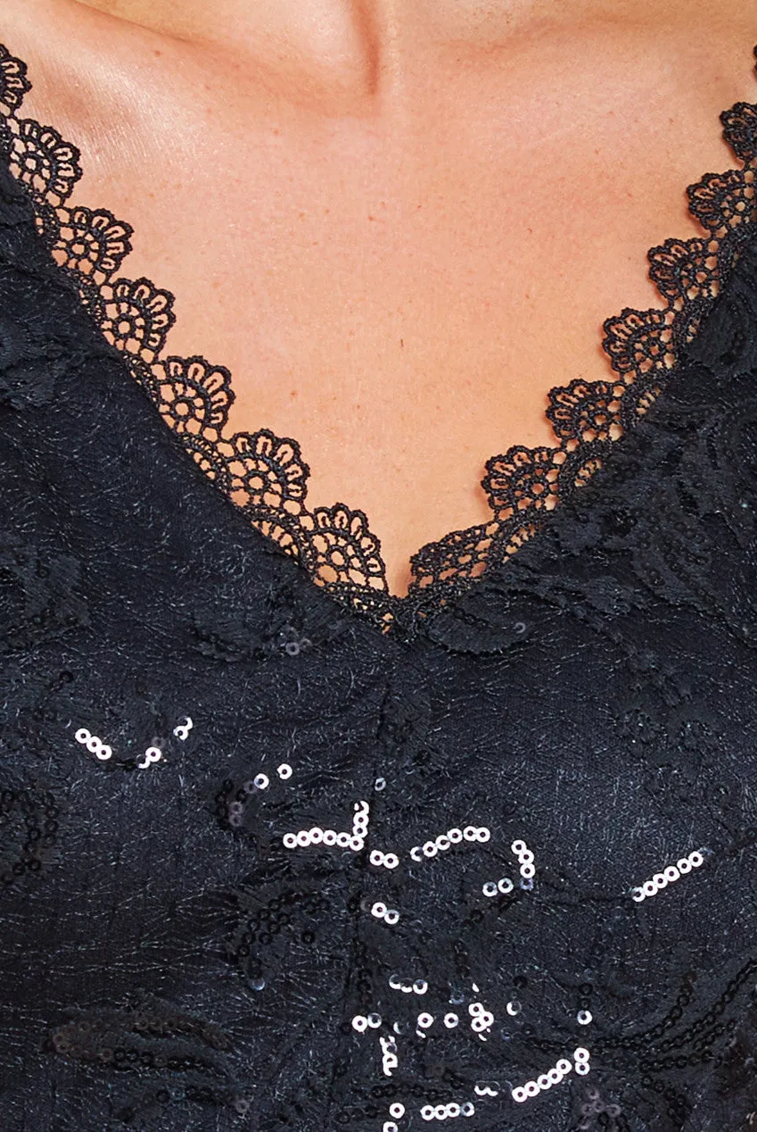 Sequin Lace Short Sleeve A-Line Midi Dress - Black by Goddiva sold by Goddiva product image thumbnail 4