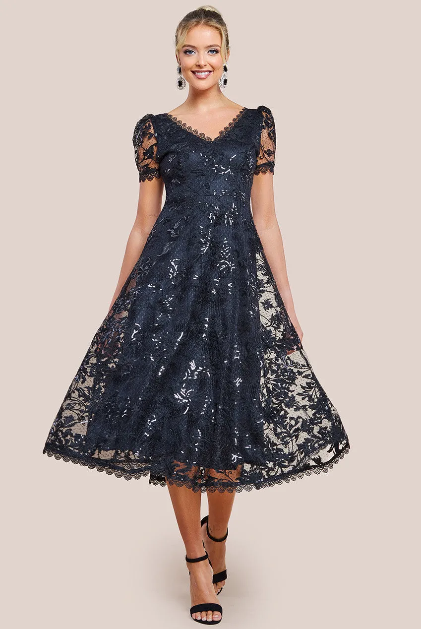 Sequin Lace Short Sleeve A-Line Midi Dress - Black by Goddiva sold by Goddiva