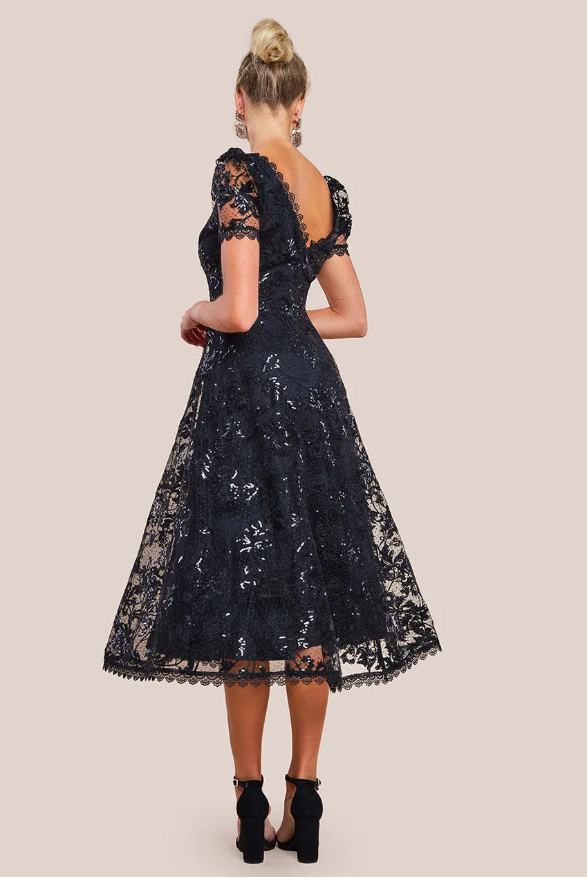 Sequin Lace Short Sleeve A-Line Midi Dress - Black by Goddiva sold by Goddiva product image thumbnail 2