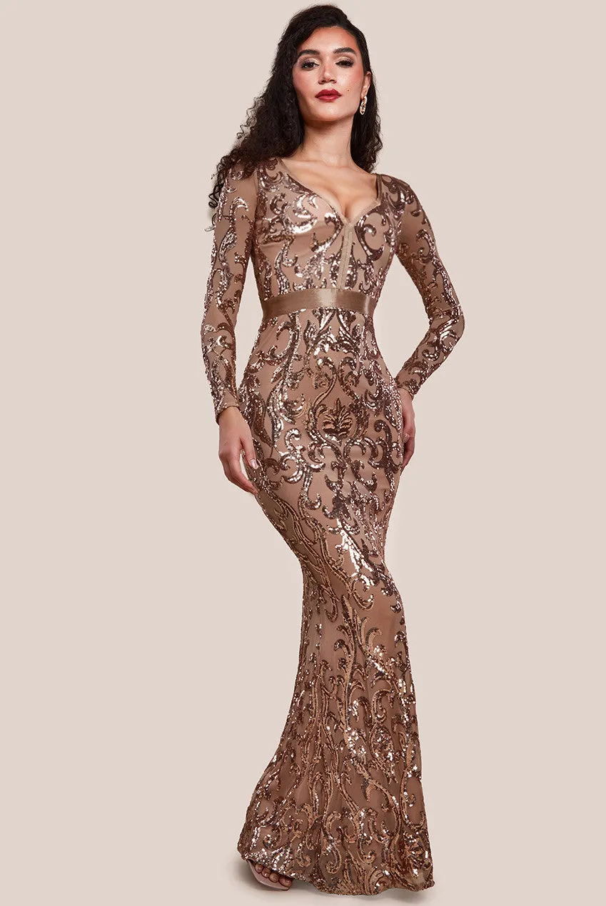 Embroidered Sequin & Mesh Maxi Dress - Champagne by Goddiva sold by Goddiva
