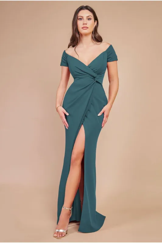 Goddiva Off The Shoulder Knot Front Maxi - Emerald Green sold by Goddiva