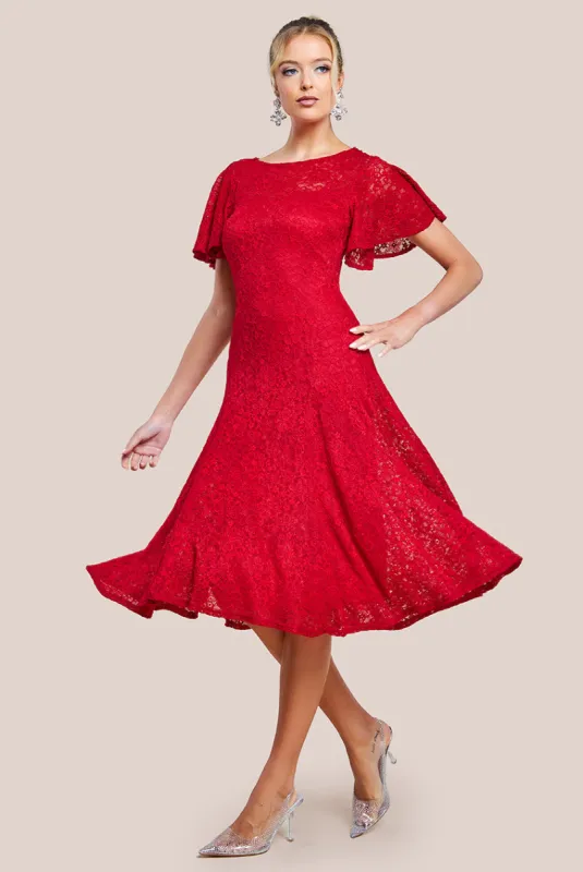 Flutter Sleeve Lace A-Line Midi Dress - Red by Goddiva sold by Goddiva