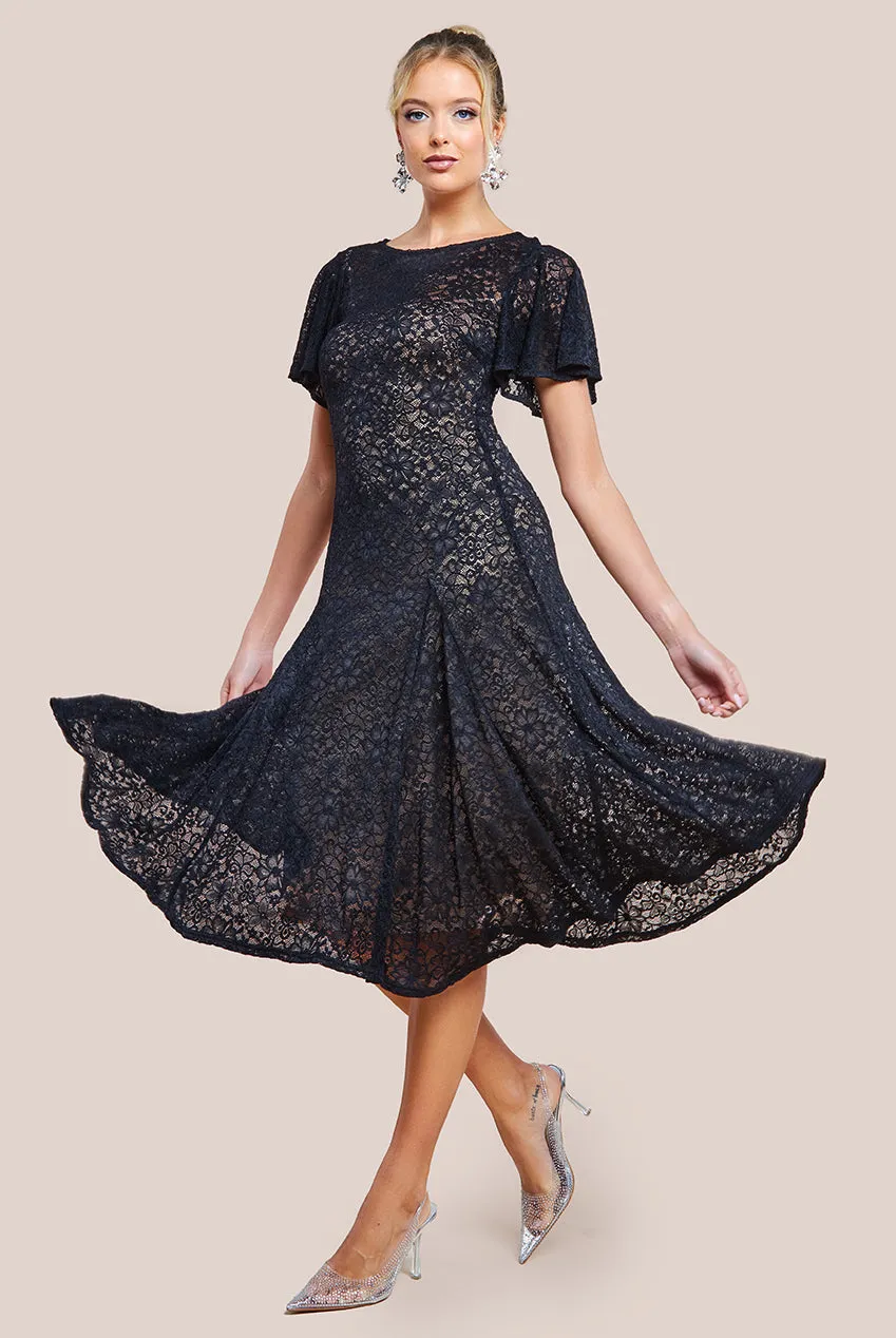 Flutter Sleeve Lace A-Line Midi Dress - Black by Goddiva sold by Goddiva