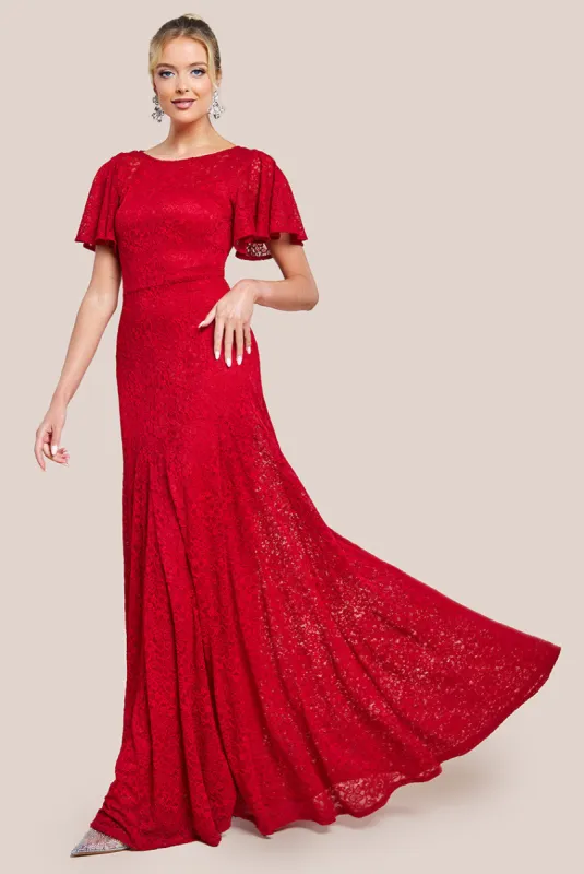 Flutter Sleeve Lace A-Line Maxi Dress - Red by Goddiva sold by Goddiva