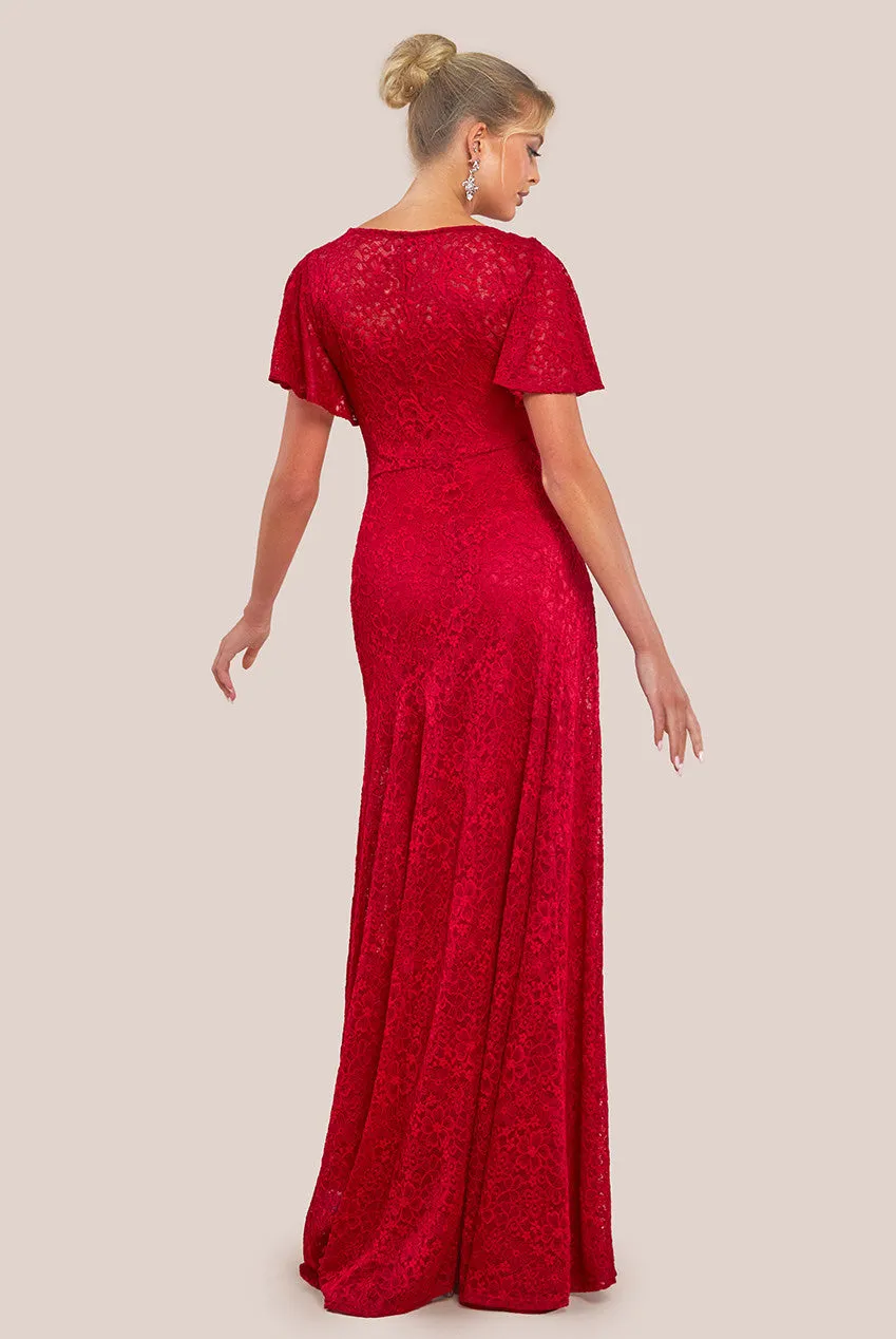 Flutter Sleeve Lace A-Line Maxi Dress - Red by Goddiva sold by Goddiva product image thumbnail 2