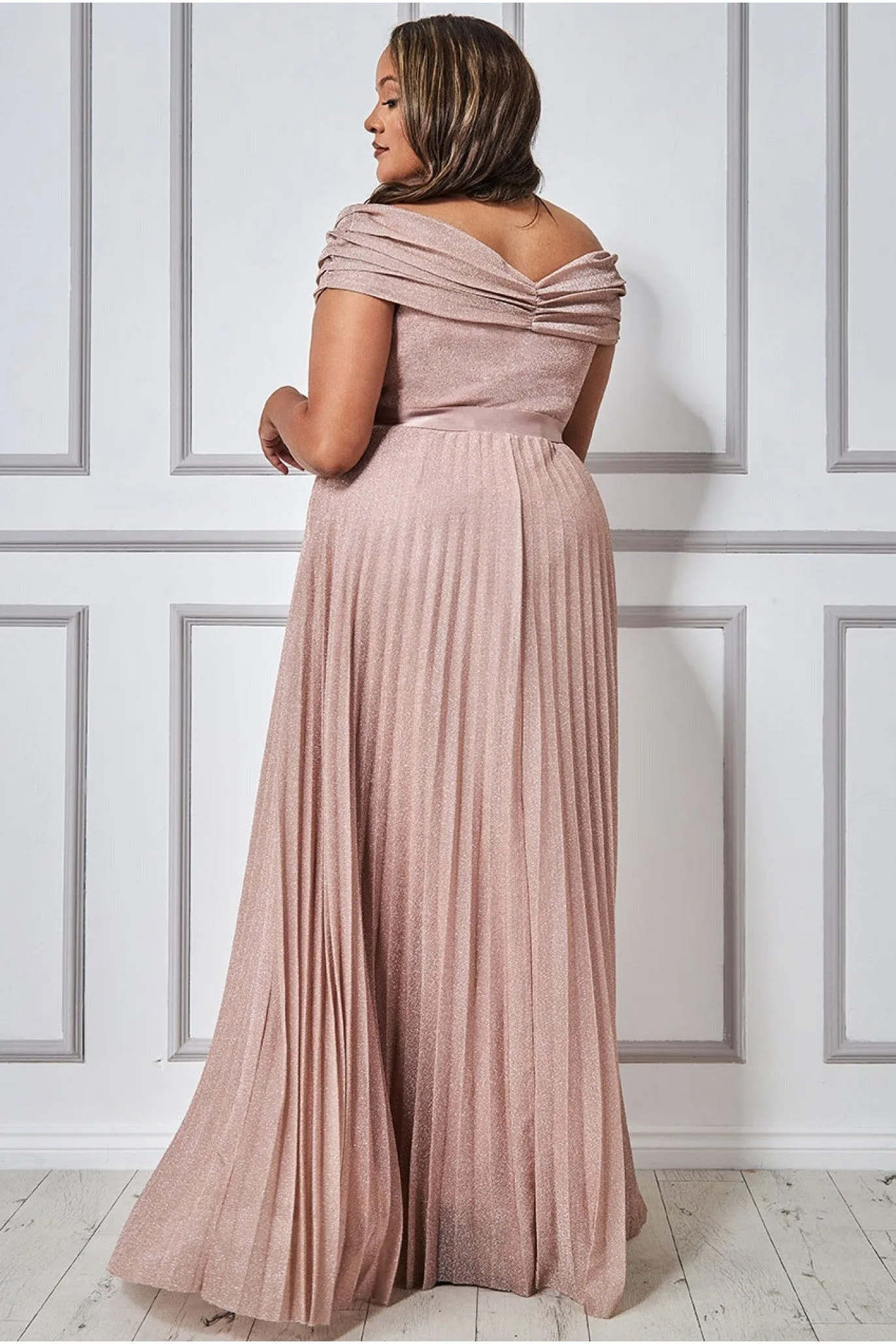 Goddiva Plus Bardot Pleated Skirt Maxi Dress - Blush sold by Goddiva product image thumbnail 2