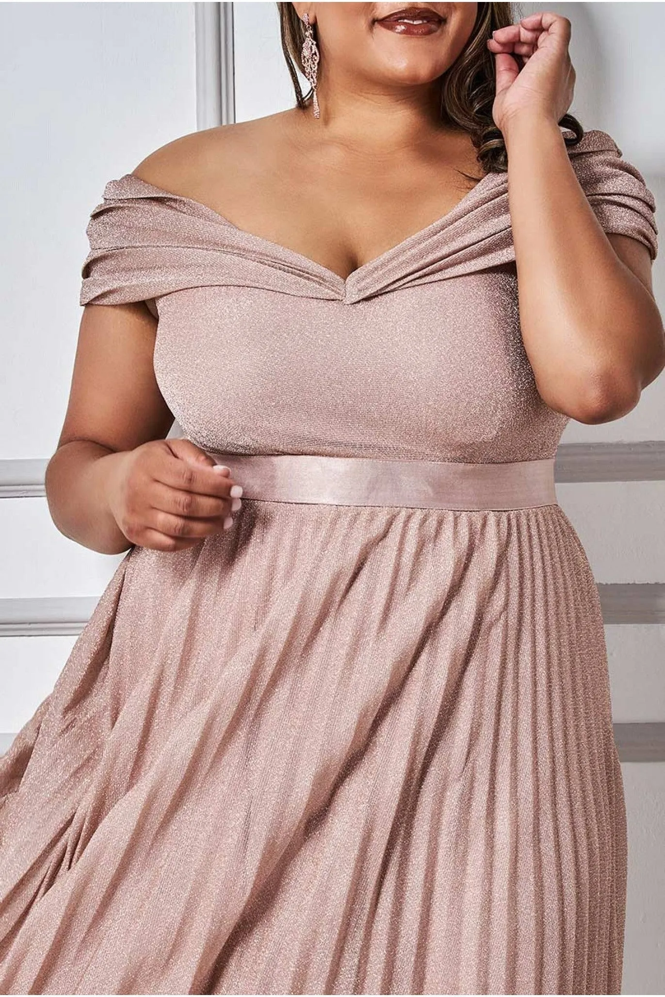 Goddiva Plus Bardot Pleated Skirt Maxi Dress - Blush sold by Goddiva product image thumbnail 3