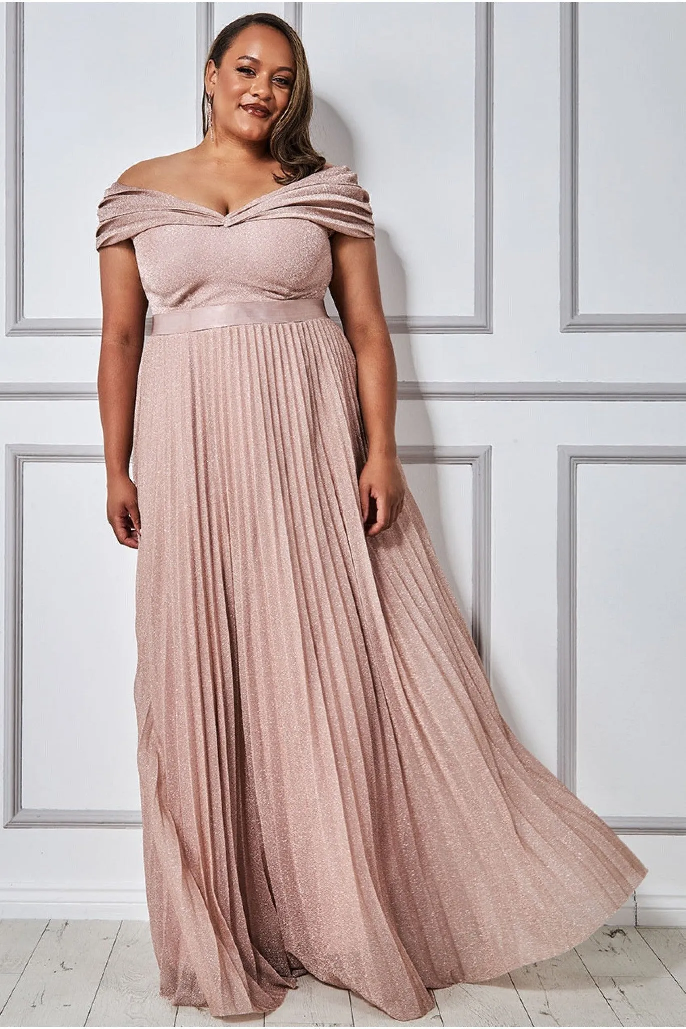 Goddiva Plus Bardot Pleated Skirt Maxi Dress - Blush sold by Goddiva
