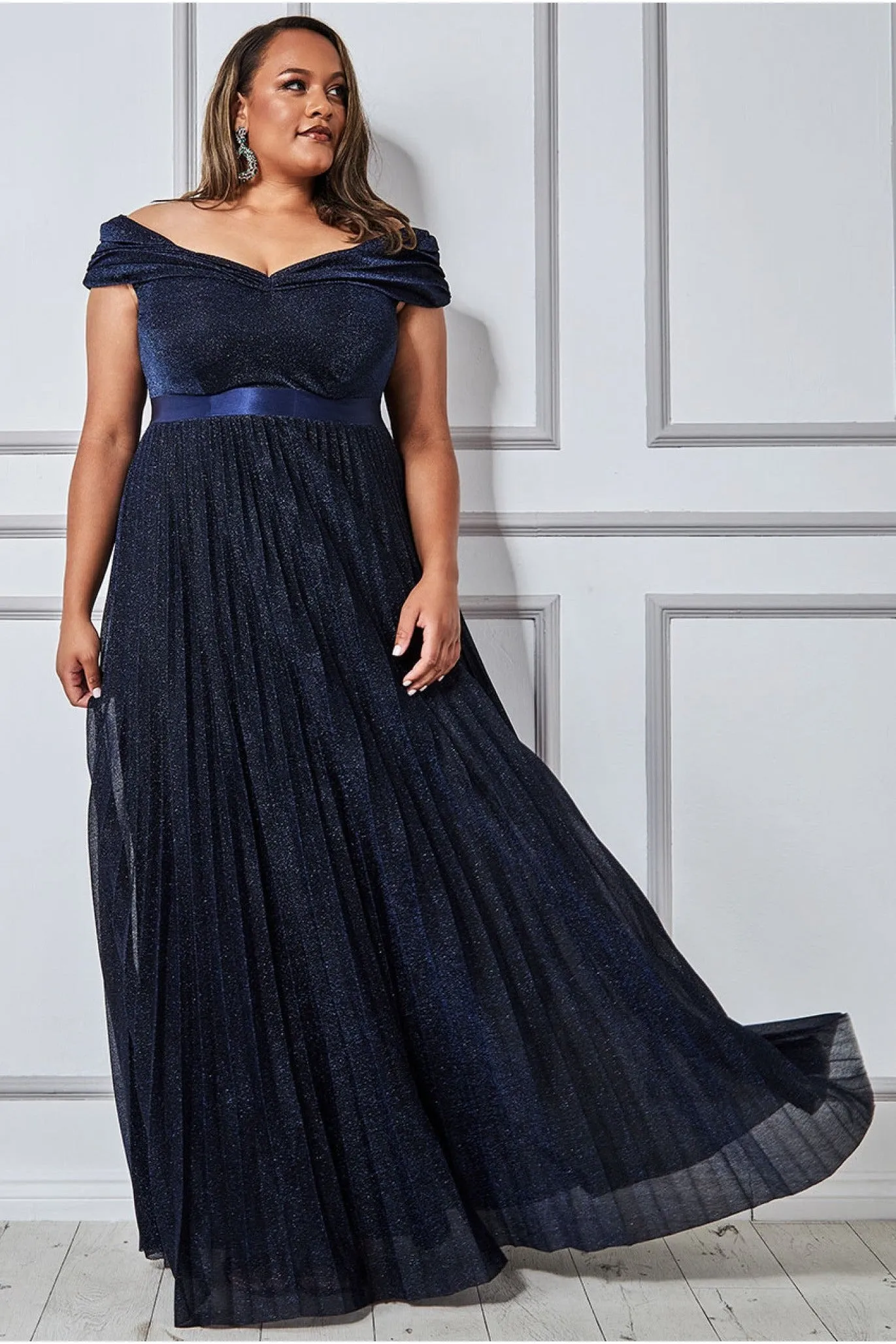 Goddiva Bardot Pleated Skirt Maxi Dress - Navy sold by Goddiva