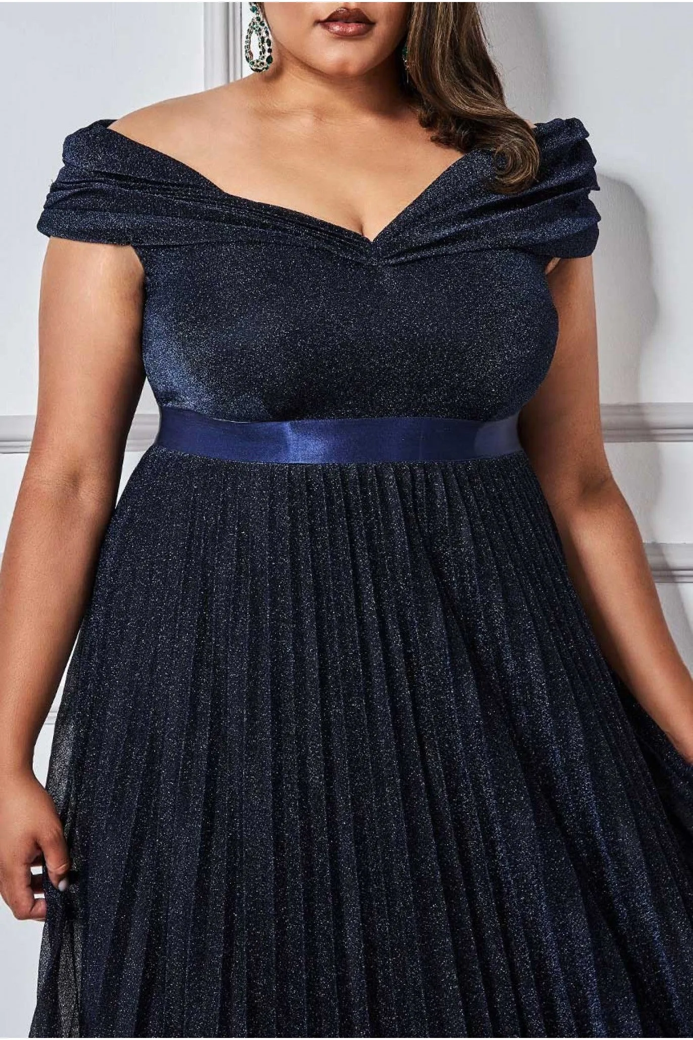 Goddiva Bardot Pleated Skirt Maxi Dress - Navy sold by Goddiva product image thumbnail 3