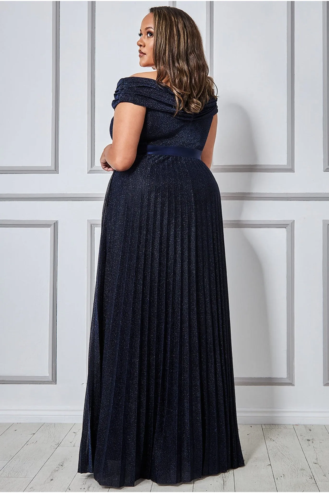 Goddiva Bardot Pleated Skirt Maxi Dress - Navy sold by Goddiva product image thumbnail 2