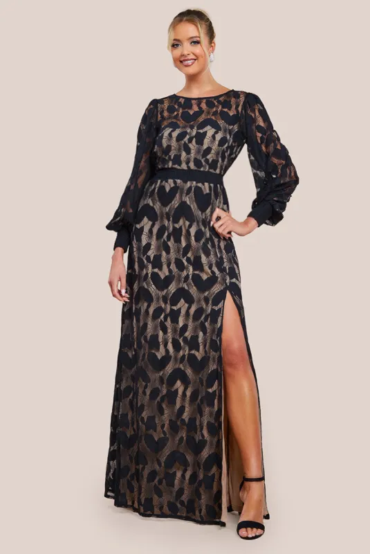Lace Front Split Long Sleeve Maxi Dress - Black by Goddiva sold by Goddiva