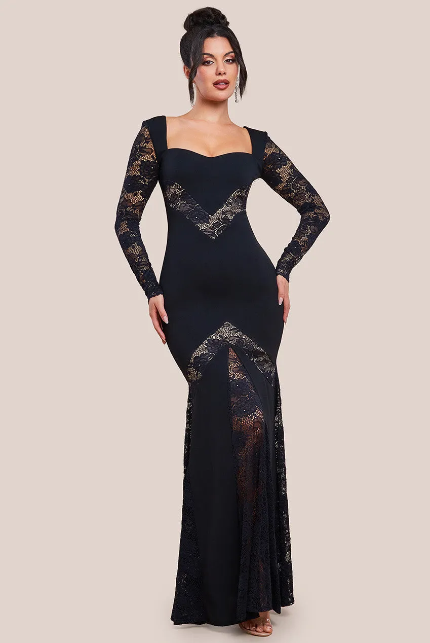 Scuba & Lace Long Sleeve Maxi Dress - Black by Goddiva sold by Goddiva