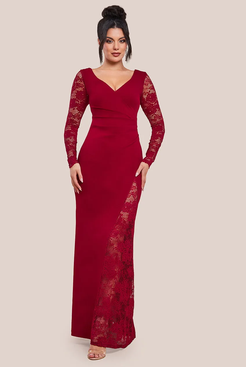 Scuba & Lace Wrap Maxi Dress - Wine by Goddiva sold by Goddiva