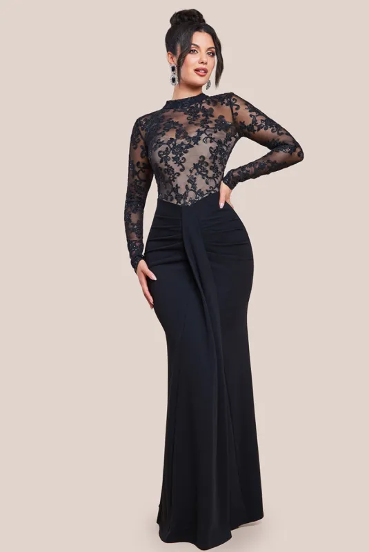 Sequin & Mesh Bodice Scuba Maxi Dress - Black by Goddiva sold by Goddiva
