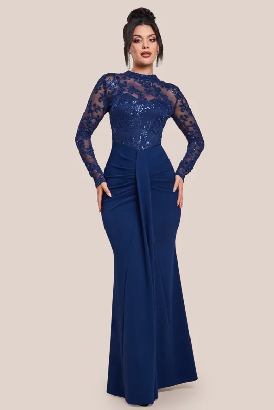 Sequin & Mesh Bodice Scuba Maxi Dress - Navy by Goddiva sold by Goddiva