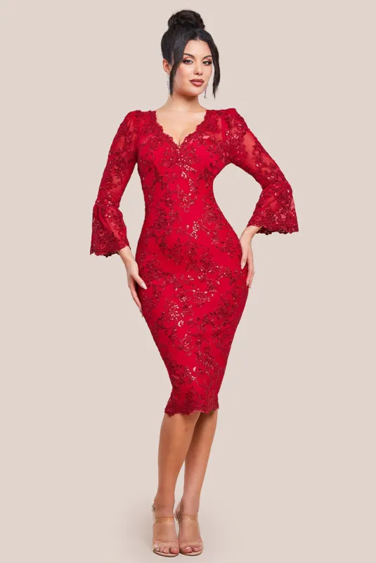 Sequin Scallop Lace Midi Dress - Red by Goddiva sold by Goddiva