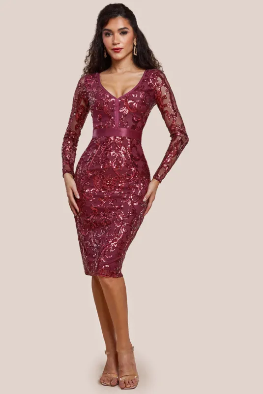 Sequin & Mesh Midi Dress - Burgundy by Goddiva sold by Goddiva