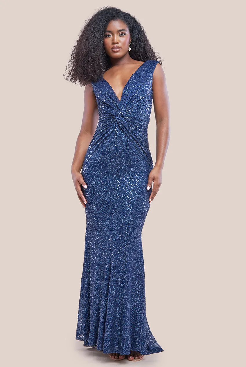 Twisted Front Sequin Maxi Dress - Navy by Goddiva sold by Goddiva