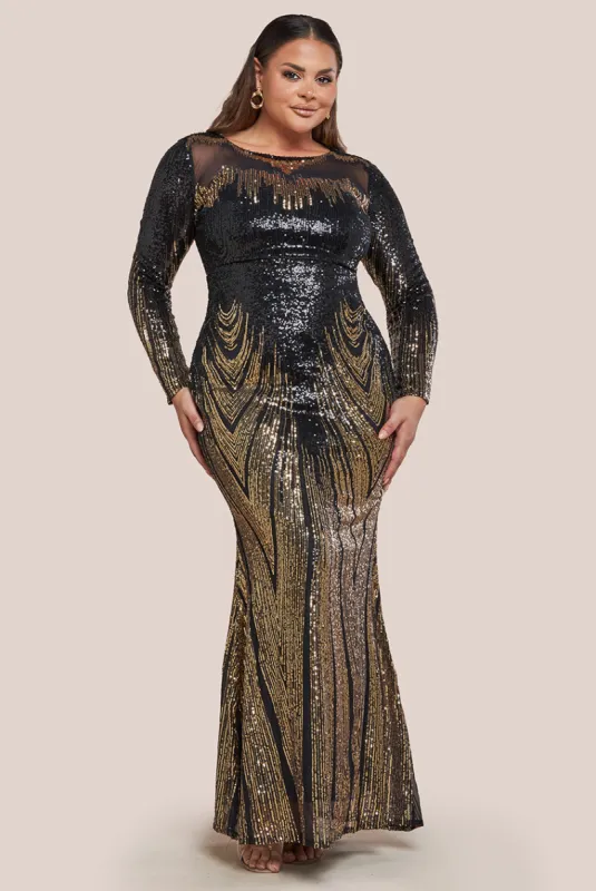 Long Sleeve Aztec Sequin Maxi Dress - Gold by Goddiva Plus sold by Goddiva