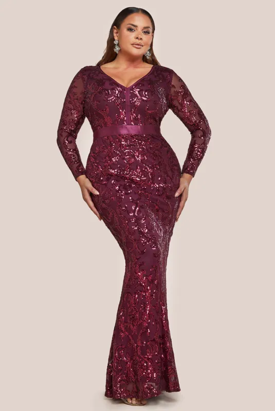 Embroidered Sequin & Mesh Maxi Dress - Burgundy by Goddiva Plus sold by Goddiva