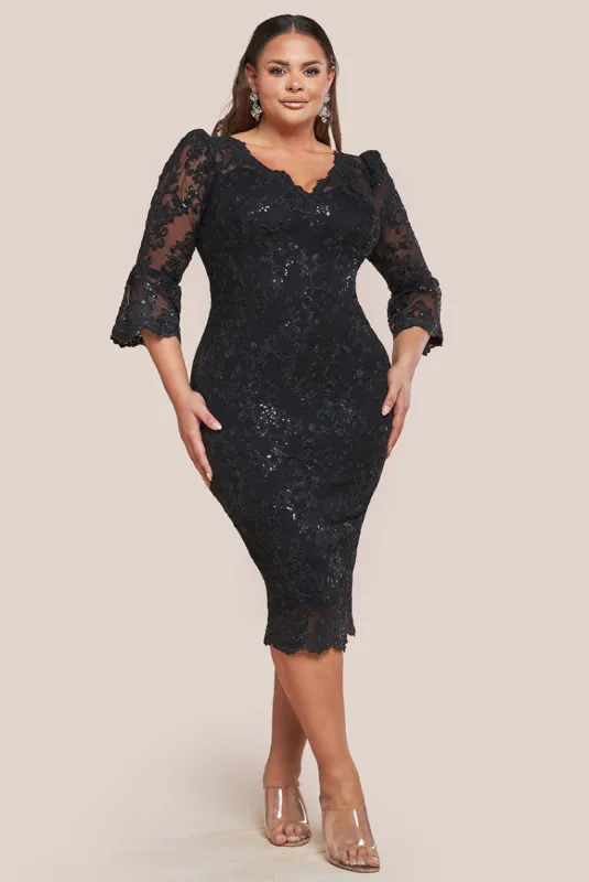 Scallop Lace Midi Dress - Black by Goddiva Plus sold by Goddiva