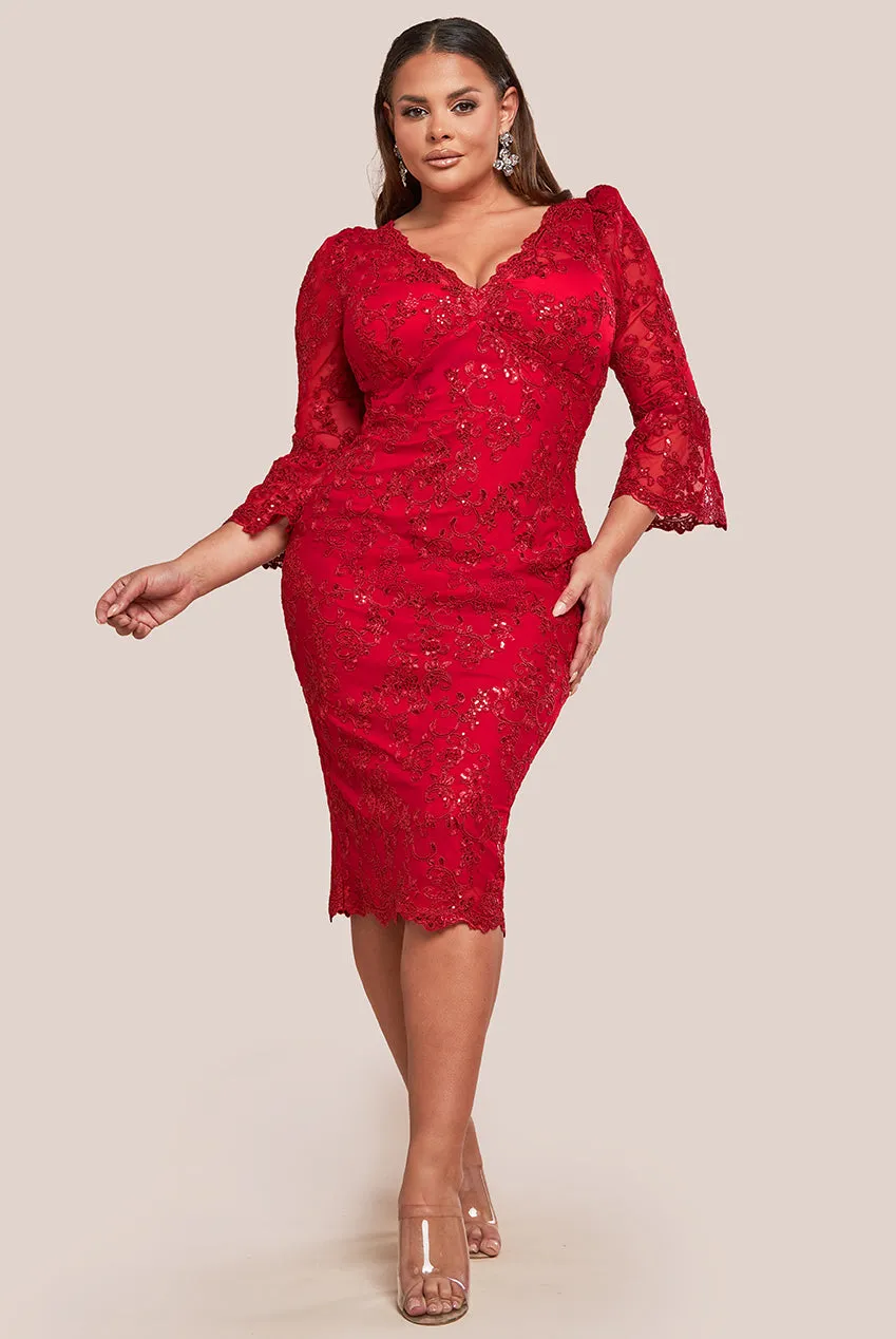 Scallop Lace Midi Dress- Red by Goddiva Plus sold by Goddiva