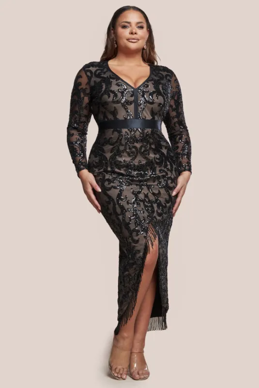 Tassel & Sequin Maxi With Front Split - Black by Goddiva Plus sold by Goddiva