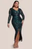 Tassel & Sequin Maxi With Front Split - Emerald Green by Goddiva Plus sold by Goddiva