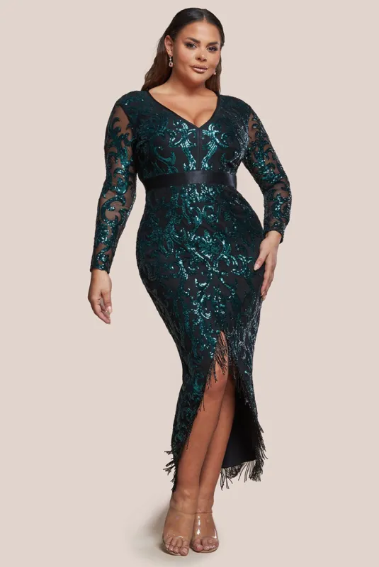 Tassel & Sequin Maxi With Front Split - Emerald Green by Goddiva Plus sold by Goddiva