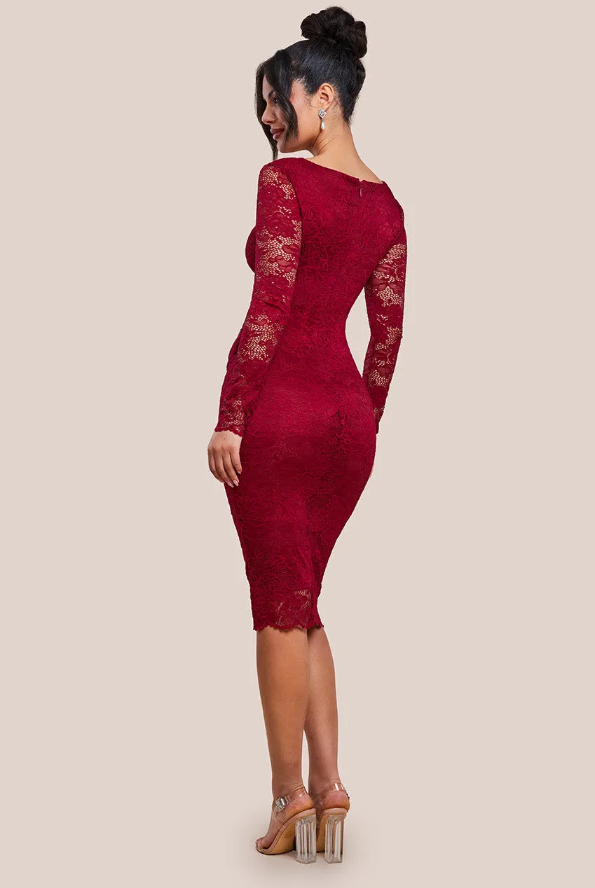 Scalloped Lace Corset Bodice Midi Dress - Wine by Goddiva sold by Goddiva product image thumbnail 2