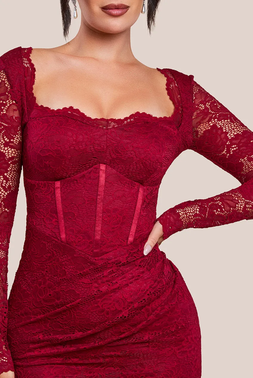 Scalloped Lace Corset Bodice Midi Dress - Wine by Goddiva sold by Goddiva product image thumbnail 3