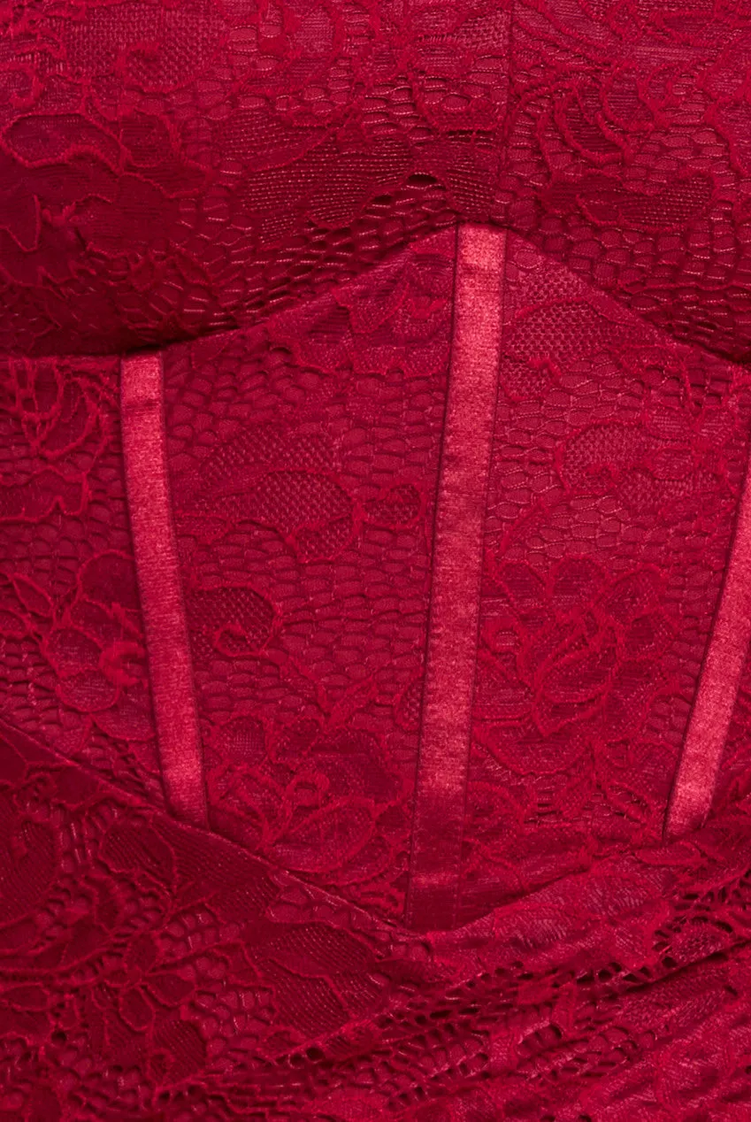 Scalloped Lace Corset Bodice Midi Dress - Wine by Goddiva sold by Goddiva product image thumbnail 4