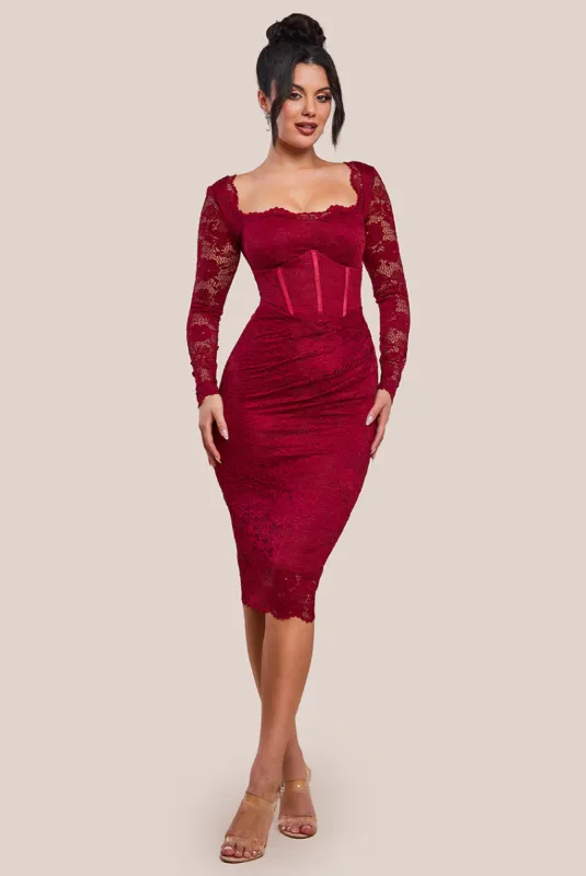 Scalloped Lace Corset Bodice Midi Dress - Wine by Goddiva sold by Goddiva